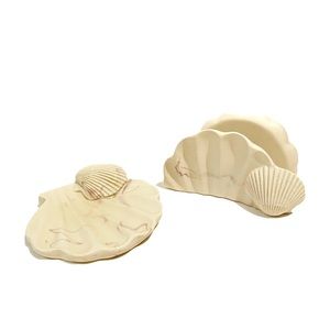 Vintage Dina Soapstone Ceramic Soap Dish and Towel Tray with Shell Design Beach